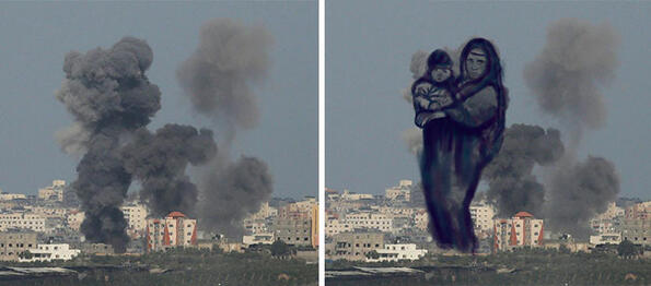 Палестинци претворяват взривовете от бомбардировките в трогателни картини