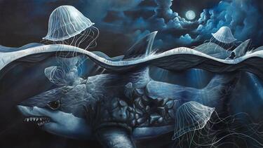 <p>Американецът Греъм Кюрън има свой собствен поглед към морето и морските обитатели. В сюрреалистичните си илюстрации той представя границата между суша и вода като битка за оцеляване на сухоземните създания. А морски демони дебнат от дълбините...</p>