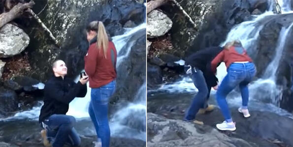 Идиот на месеца: Мъж предлага брак и изпуска халката във водопад (Видео)