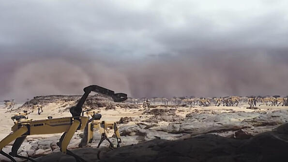 Роботите цербери на Boston Dynamics бягат от пясъчна буря!