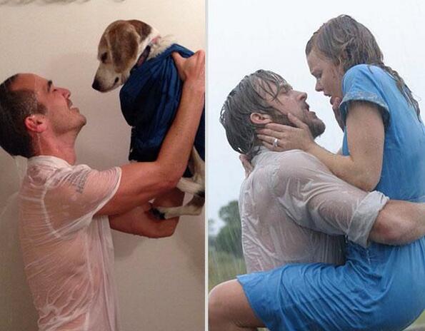 Мъж пресъздава романтични сцени от филми с кучето на шефа си