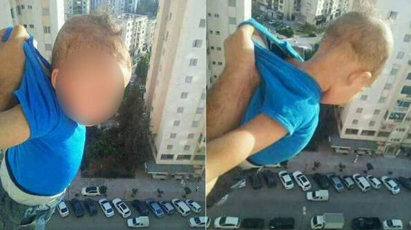 Идиот на месеца: мъж провеси дете през прозореца и публикува снимката!