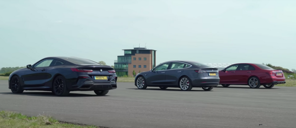 Tesla Model 3 срещу BMW M850i и Mercedes-AMG E63 S: тест за скорост!